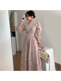 Fashion Chic stand collar lace Hollow high-waist swing dress(with belt)