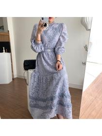 Fashion Chic stand collar lace Hollow high-waist swing dress(with belt)