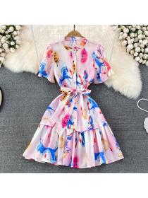 Hot sale Ladies single-breasted Colorful print dress