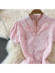 Chinese style Summer V-neck dress pink cheongsam