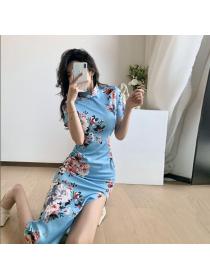 Outlet short sleeve print dress split slim cheongsam for women