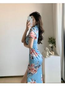Outlet short sleeve print dress split slim cheongsam for women
