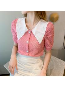 Summer apricot lace chiffon shirt women's summer shirt fashion short short-sleeved top