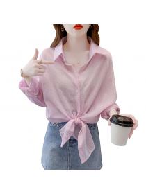 Korean style Striped loose fashion POLO collar long-sleeved sunproof blouse