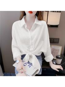Korean style Striped loose fashion POLO collar long-sleeved sunproof blouse