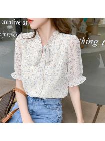 Summer new Korean fashion stand-up collar floral chiffon shirt 
