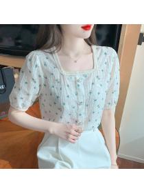Vintage style floral shirt women's summer new loose puff sleeves square collar shirt