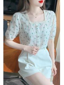 Vintage style floral shirt women's summer new loose puff sleeves square collar shirt