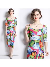 Outlet Vintage style colors square collar split rose dress