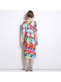 Outlet Vintage style colors square collar split rose dress