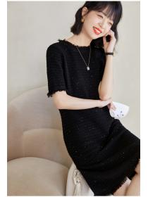 Korean fashion Short sleeve knitted tassels long dress