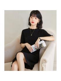 Korean fashion Short sleeve knitted tassels long dress