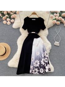 Outlet Floral Print knitted unique style black dress for women