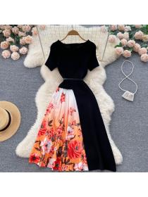 Outlet Floral Print knitted unique style black dress for women