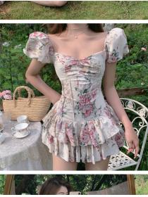 French style oil painting floral dress lantern sleeve dress