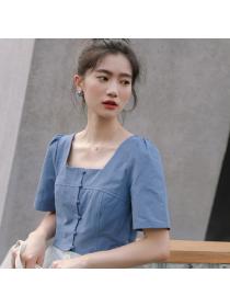 Fashion style Puff Sleeve Single-Breasted Women's Square neck Blouse 