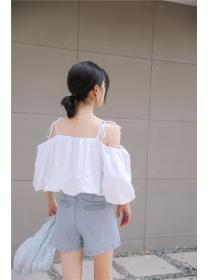 Fashion style Puff Sleeve  Lace-up Strap Off-the-Shoulder Top