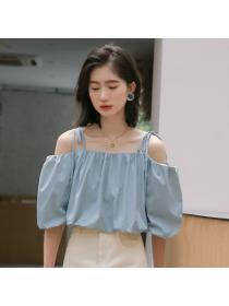 Fashion style Puff Sleeve  Lace-up Strap Off-the-Shoulder Top