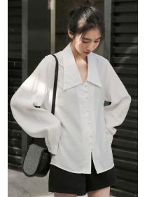 Vintage style single-breasted lantern sleeves long- sleeved blouse 
