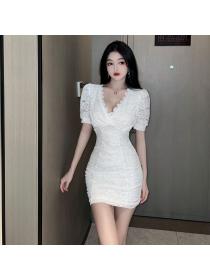 Outlet Summer V-neck sexy Hip-full lace low-cut short-sleeved dress