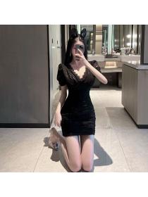 Outlet Summer V-neck sexy Hip-full lace low-cut short-sleeved dress