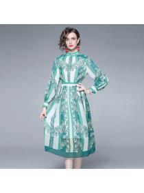 Vintage style print high waist dress long-sleeved dress