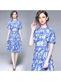 Summer fashion temperament blue print short-sleeved pleated dress