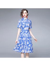 Summer fashion temperament blue print short-sleeved pleated dress