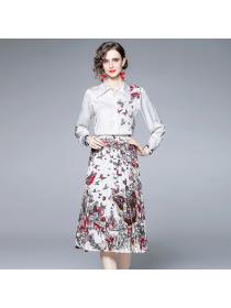 Spring and summer fashion suits high-quality print loose shirts pleated skirt two-piece set