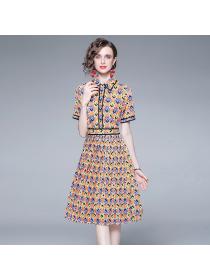 Vintage style ladies temperament short-sleeved dress pleated dress Summer mid-length dress