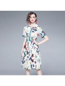 Spring/Summer New Shirt Collar Mid-waist Fashion Print A-line Dress