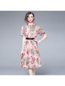 Summer new elegant short-sleeved pleated floral print dress for women(with belt)
