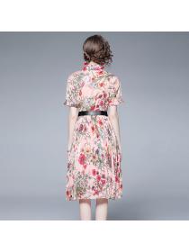 Summer new elegant short-sleeved pleated floral print dress for women(with belt)