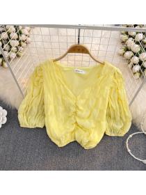 Outlet unique style tops puff sleeve chiffon shirt