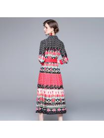 Summer high-end women's mid-length red printed dress