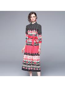 Summer high-end women's mid-length red printed dress