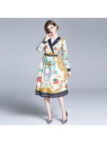 Summer new women's Vintage style  print slim dress elegant pleated dress