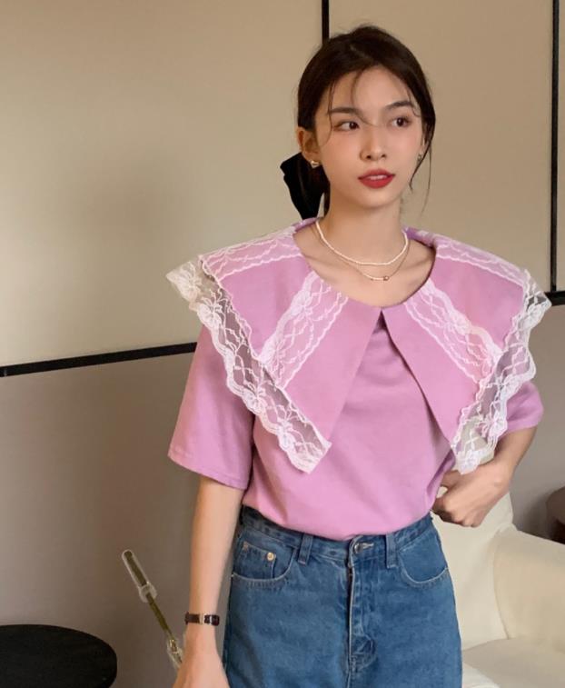 Korean Style Lace Matching Turn Down T  Shirt