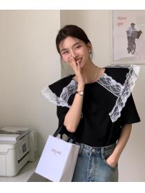 Korean Style Lace Matching Turn Down T  Shirt 
