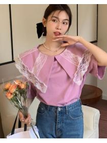 Korean Style Lace Matching Turn Down T  Shirt 