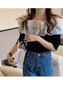 French retro one-shoulder mid-sleeve T-shirt
