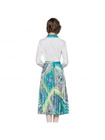 Spring New fashion style Long Sleeve White Shirt + High Waist Pleated Knee Skirt 