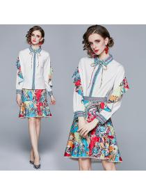 Spring new women's print shirt fishtail skirt two-piece set