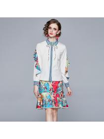 Spring new women's print shirt fishtail skirt two-piece set