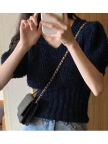 Korean Style V  Collars Knitting Pure Color Top 