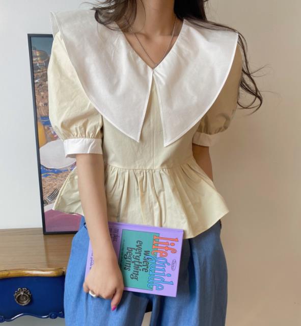 On Sale Pure Color Doll Collar Contrast Shirt