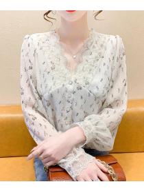 Korean Style Lace V  Collars Drape Chiffon Top 