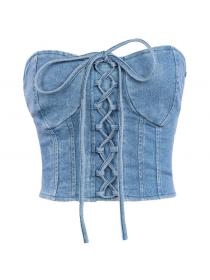 European fashion sexy cross straps denim tube top short vest