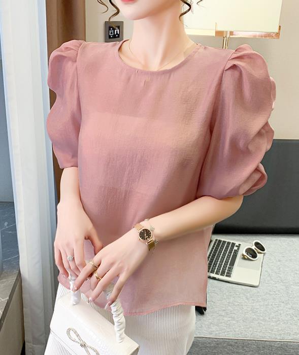 On Sale Puff Sleeve Chiffon Pure Color Blouse