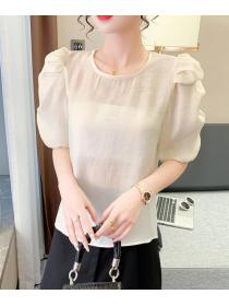 On Sale Puff Sleeve Chiffon Pure Color Blouse